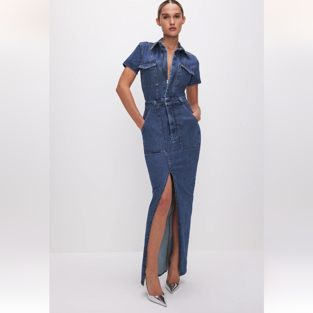 Good American Blue Denim Maxi Dress with Front Slit